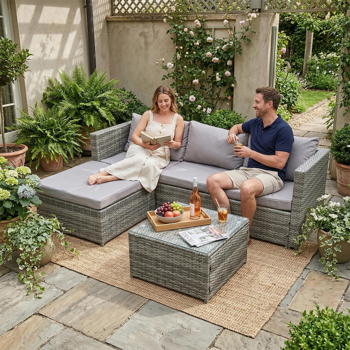 COZYBRITE Garden Corner Sofa Rattan Furniture Set 4 Seater Patio Outdoor Lounge Settee with Glass Coffee Table All-weather SFS066 (Mix Grey Rattan+Grey Cushion)