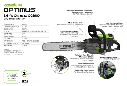 82V OPTIMUS 3.6kw Chainsaw Kit with CORE400 Battery & DP Charger | OCS600-C4DP