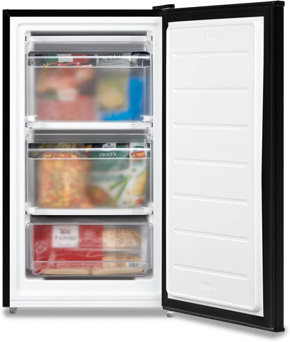 COMFEE' RCU60BL2UK(E) 60 Litre Freestanding Under Counter, 48cm Upright Freezer Adjustable Thermostat, Reversible Door, 4 Star Freezer Rating Drawer, Black [Energy Class E]