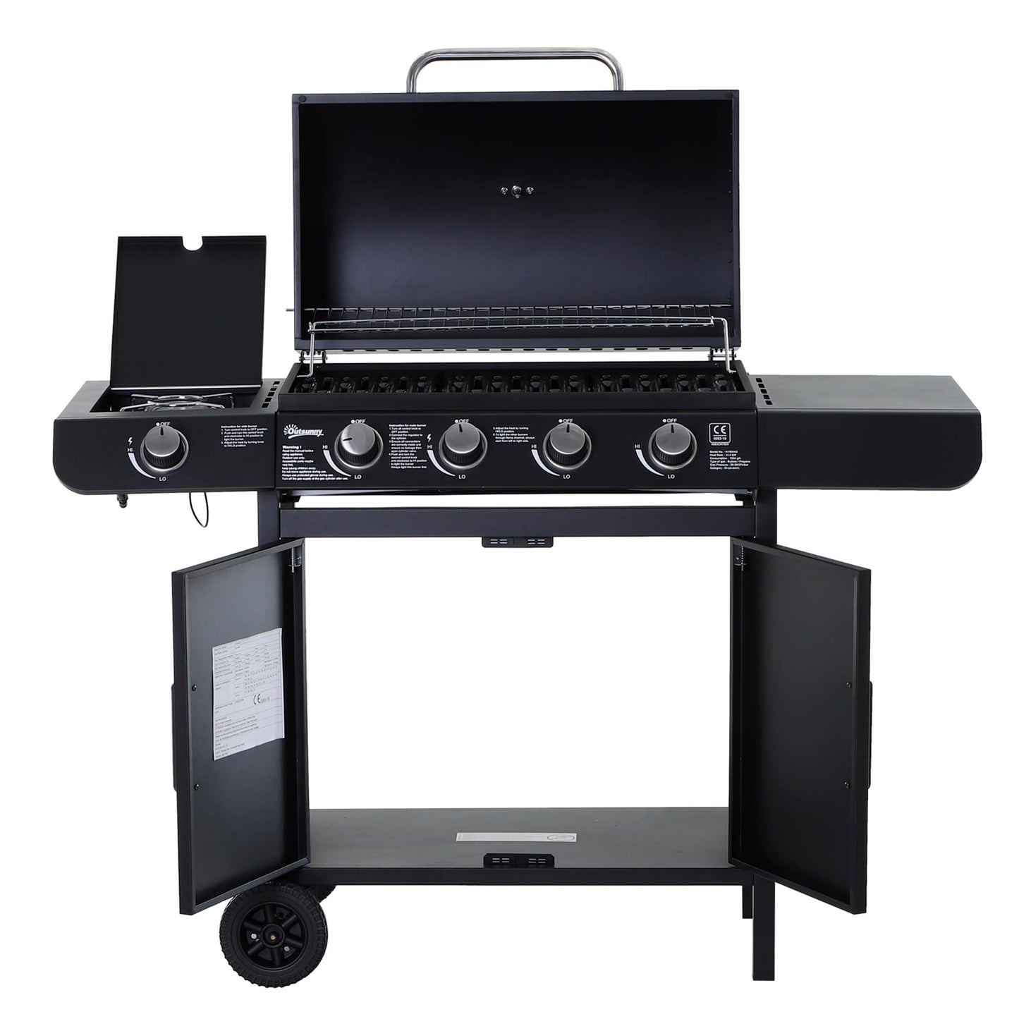 Outsunny 4+1 Burner Gas BBQ Grill, Outdoor Barbecue Trolley with Wheels, Warming Rack, Side Shelves, Cabinet, Thermometer for Garden, Party, Camping, 125 L x 51 W x 100 H cm, Black
