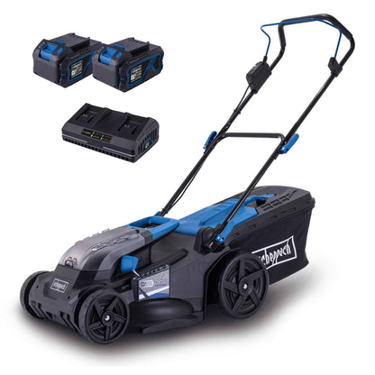 Scheppach BC-MP430-X Cordless Lawnmower with Battery and Charger | 43cm Cutting Width | 700m² Gardens | 50L Grass Bag | Inc. 2 x 20V 4Ah Battery + 2.4Ah Charger