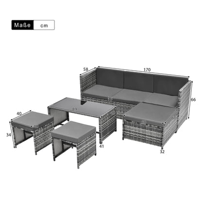 BTM 6 Seater Garden Furniture Set, PE Ratten Garden Sofa Set, Lounge Set with an Adjustable Seat for Lying & Tee Table & Cushions & Ottomans