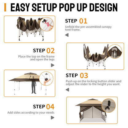 CROWN SHADES 4m x 4m Pop Up Gazebo with 4 Removable Side Panels, Double Roof Pop Up Party Canopy, Height-Adjustable Metal Frame Garden Shelter for Patio & Outdoor Events, Includes Carry Bag