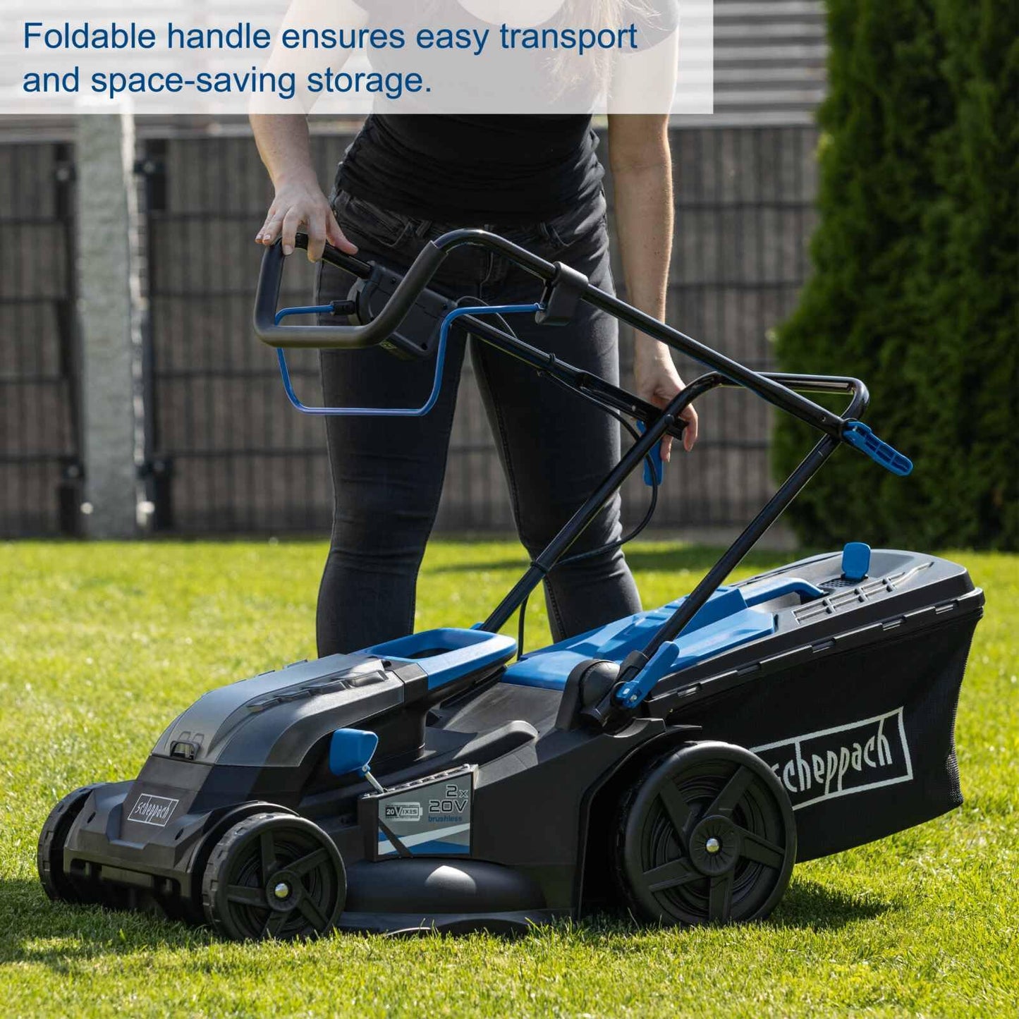 Scheppach BC-MP430-X Cordless Lawnmower with Battery and Charger | 43cm Cutting Width | 700m² Gardens | 50L Grass Bag | Inc. 2 x 20V 4Ah Battery + 2.4Ah Charger