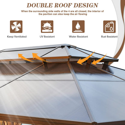 MELLCOM Hardtop Gazebo 4 X 3 m Outdoor Double Polycarbonate Roof Gazebo Garden Pavilion Canopy with Nettings, Curtains and Aluminum Frames for Patio, Backyard and Lawn