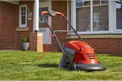 Flymo Hover Vac 250 Electric Hover Collect Lawn Mower - 1400W, 25cm Cutting Width, 15L Grass Box, Ambidextrous Handles, Folds Flat, Orange and Grey