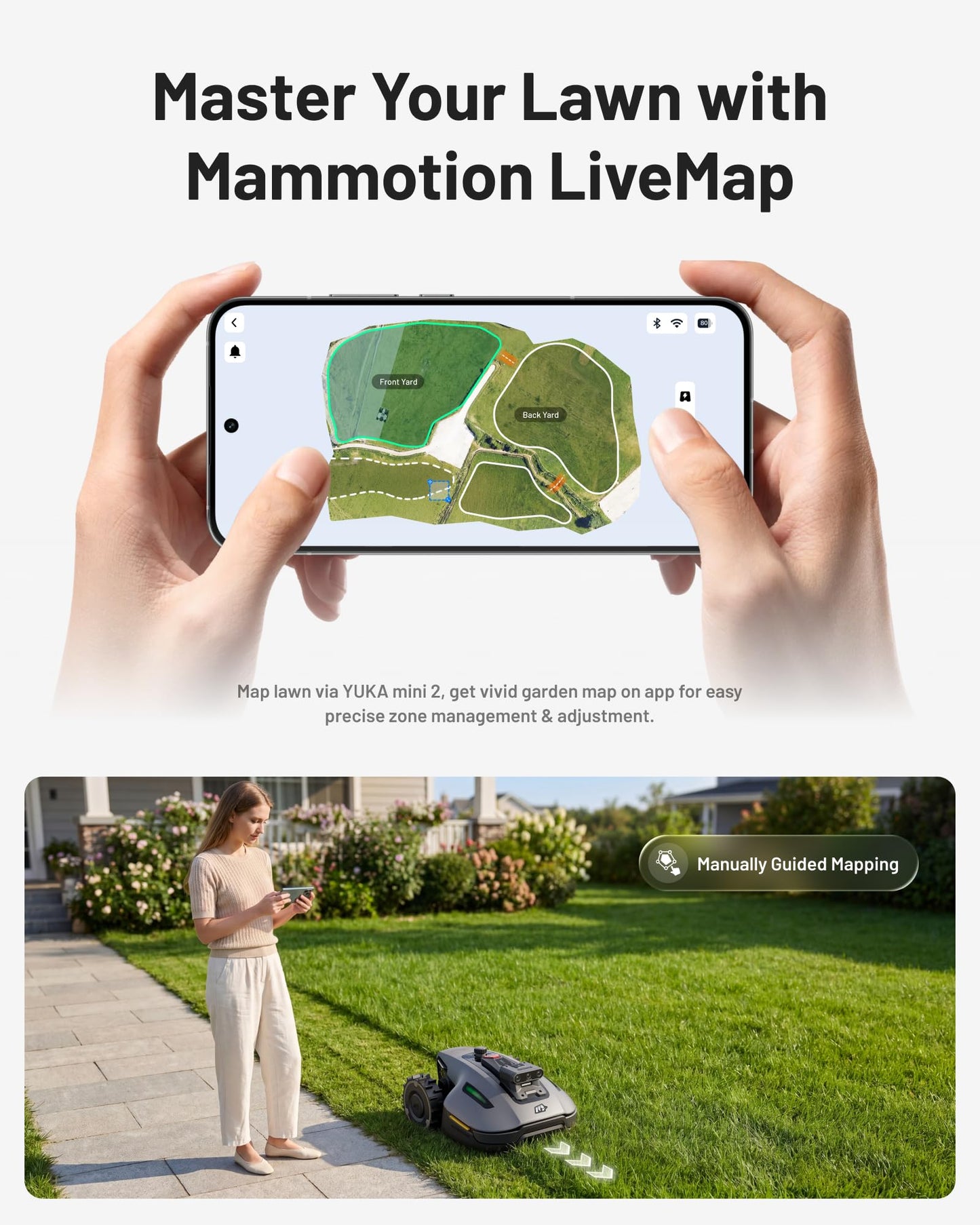 MAMMOTION YUKA mini 2 500 Robot Lawn Mower without Boundary, Recommended 500 ㎡, Tri-Cam AI Vision, NO RTK, No Signal Dropouts, Auto Multi-Zone Mapping, DropMow, 45% Slopes Cutting Heights 20-60mm