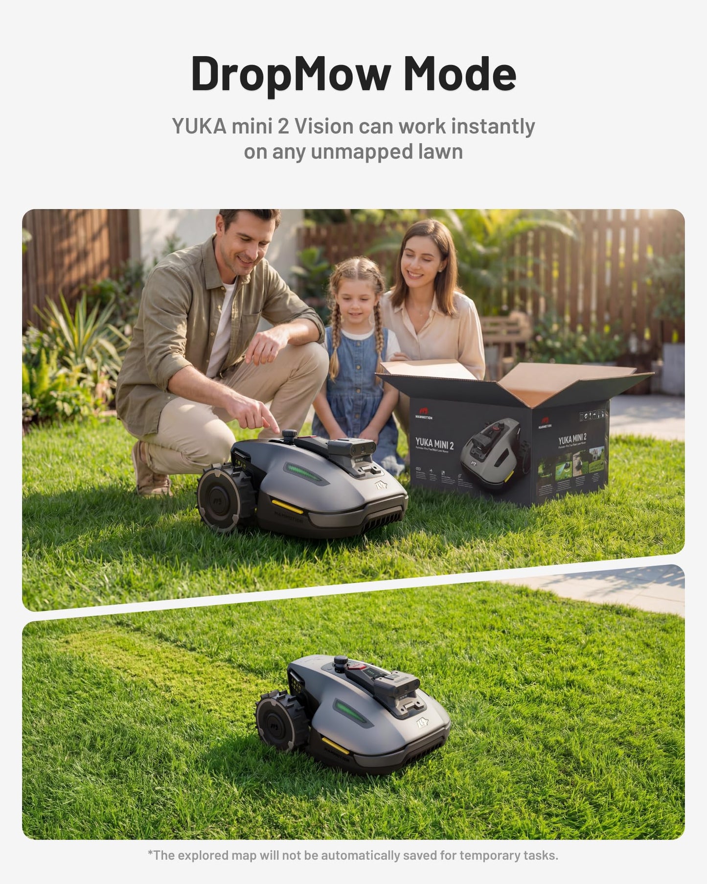 MAMMOTION YUKA mini 2 500 Robot Lawn Mower without Boundary, Recommended 500 ㎡, Tri-Cam AI Vision, NO RTK, No Signal Dropouts, Auto Multi-Zone Mapping, DropMow, 45% Slopes Cutting Heights 20-60mm