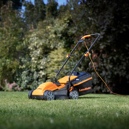 LawnMaster 1200W Electric Lawn Mower with 32cm cutting width, ideal for small lawns. With 5 adjustable cutting heights and rear roller for striped finish, 2 year guarantee