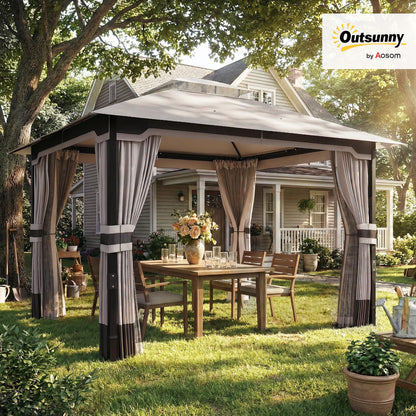 Outsunny 3 x 3.6 m Outdoor Garden Gazebo with Netting and Curtains, Double Roof Patio Gazebo Permanent Pavilion Canopy Shelter with Metal Frame, Drainage Holes, Khaki