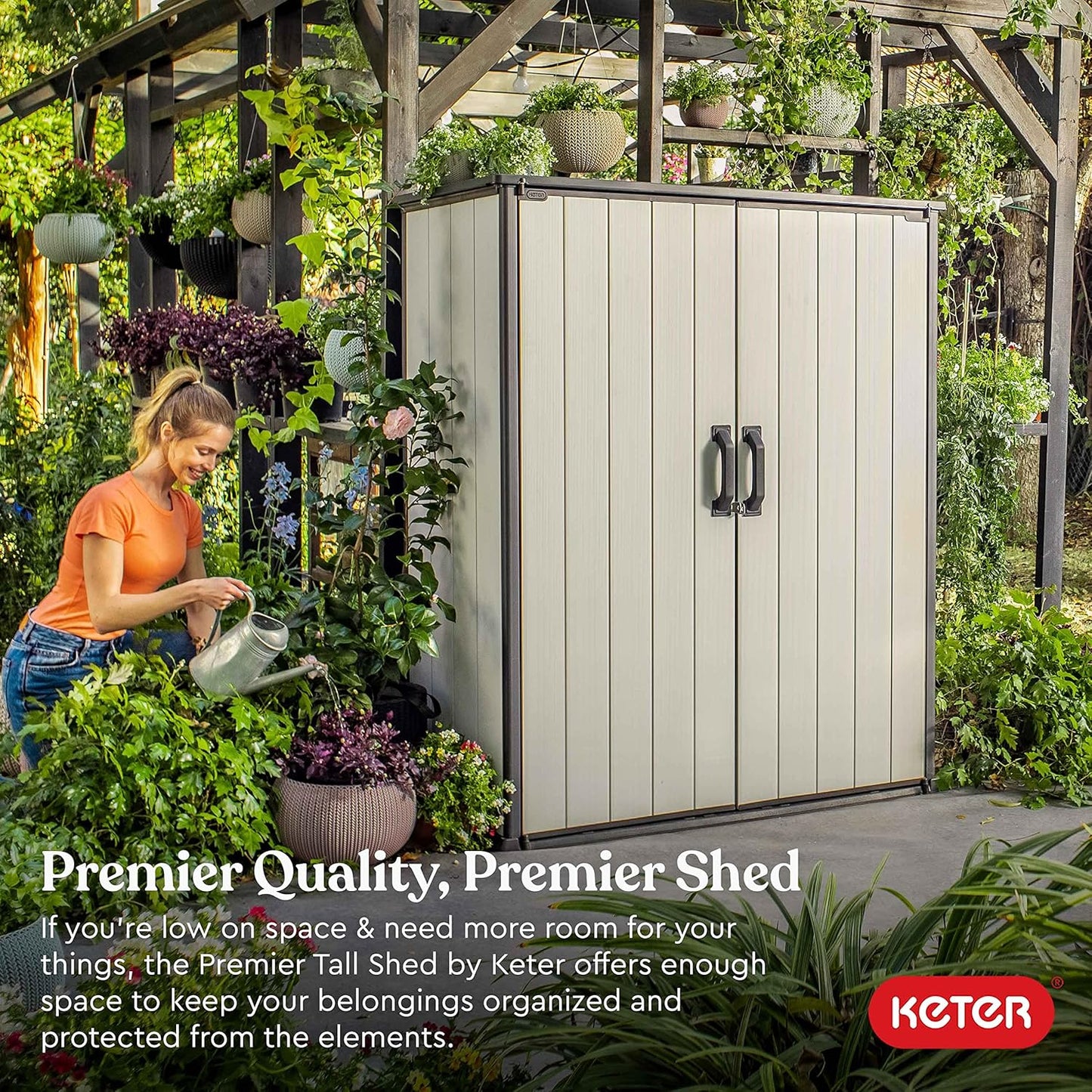 Keter Premier Shed Outdoor Resin Storage Shed with Shelf Brackets for Patio Furniture, Pool
