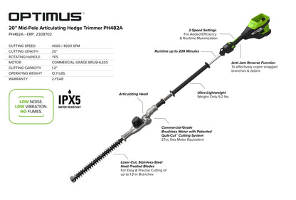 82V OPTIMUS 20" Mid-Pole Articulating Hedge Trimmer | PH482A