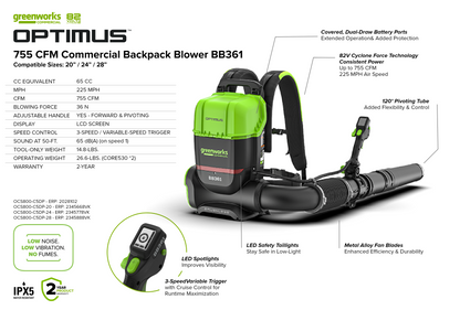 82V OPTIMUS 36N Dual-Port Backpack Blower with (2) 8Ah Batteries and Dual Port Charger | BB361-82DP